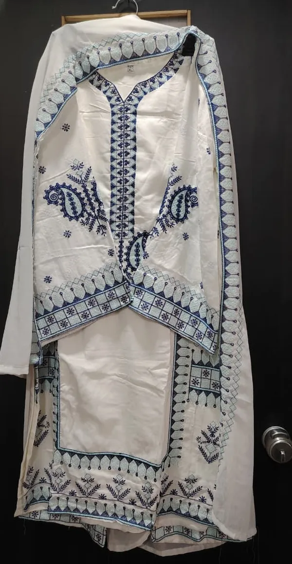 White_And_Blue_Premium_Cotton_Kurti_With_Pant_And_Dupatta_Set_For_Women