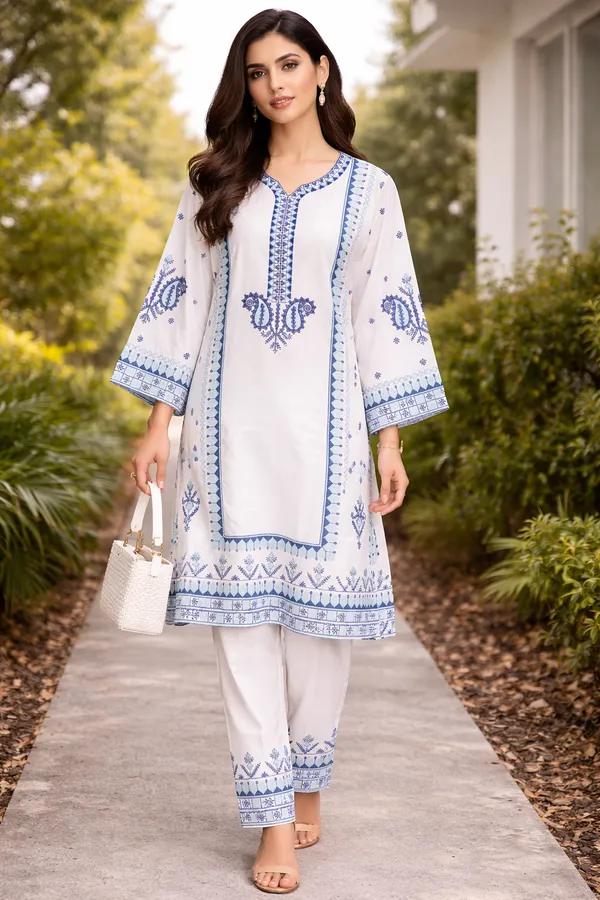 White_And_Blue_Premium_Cotton_Kurti_With_Pant_And_Dupatta_Set_For_Women