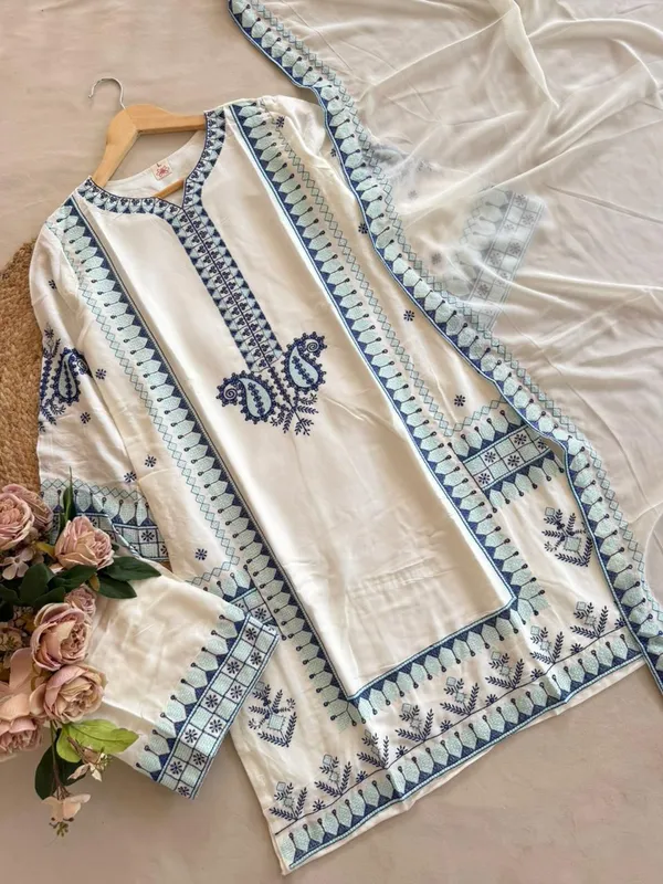 White_And_Blue_Premium_Cotton_Kurti_With_Pant_And_Dupatta_Set_For_Women