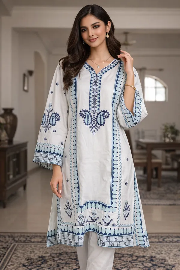 White_And_Blue_Premium_Cotton_Kurti_With_Pant_And_Dupatta_Set_For_Women