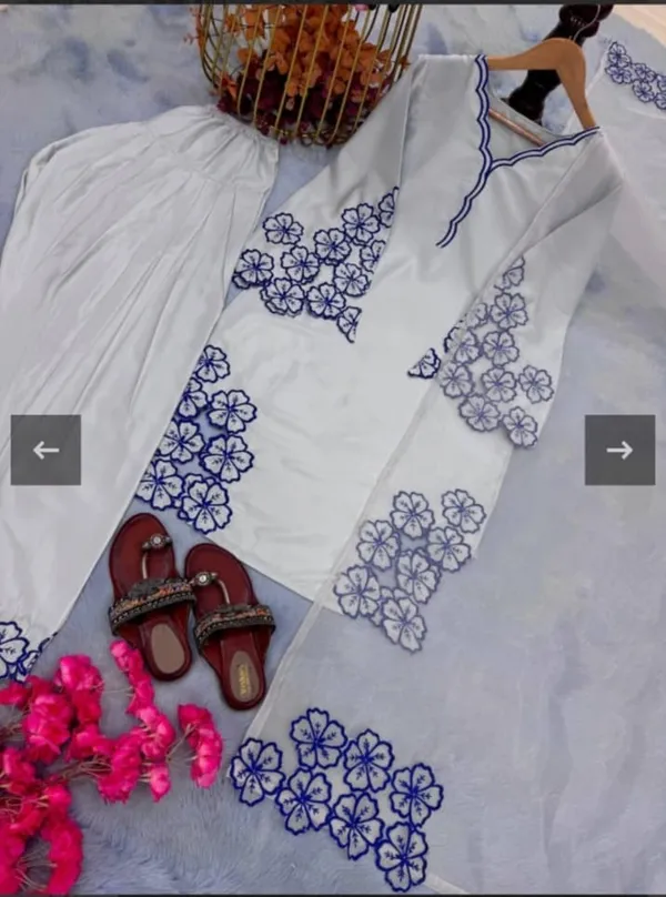 White_And_Blue_Premium_Silk_Kurti_With_Pant_And_Dupatta_Set_For_Women
