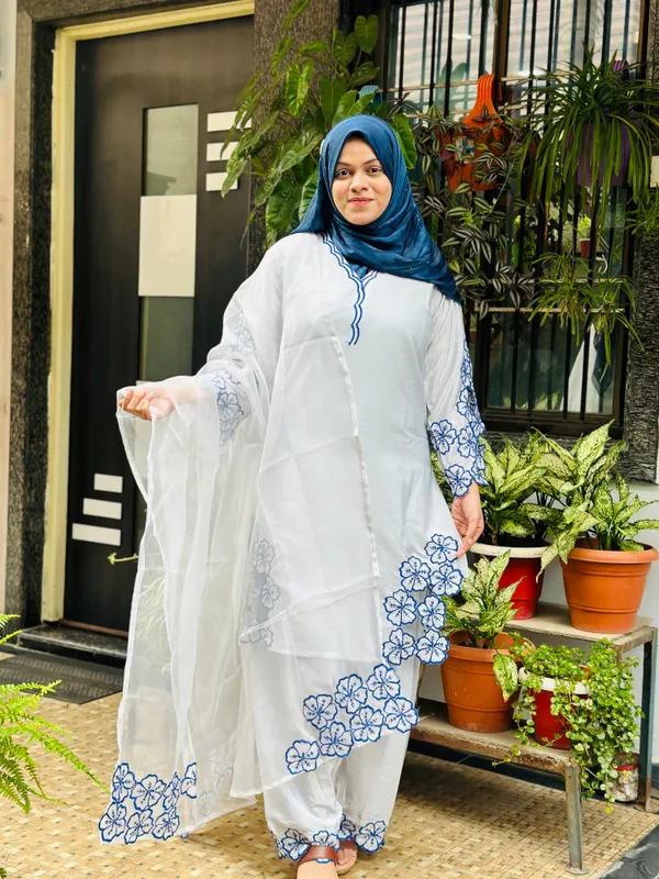 White_And_Blue_Premium_Silk_Kurti_With_Pant_And_Dupatta_Set_For_Women