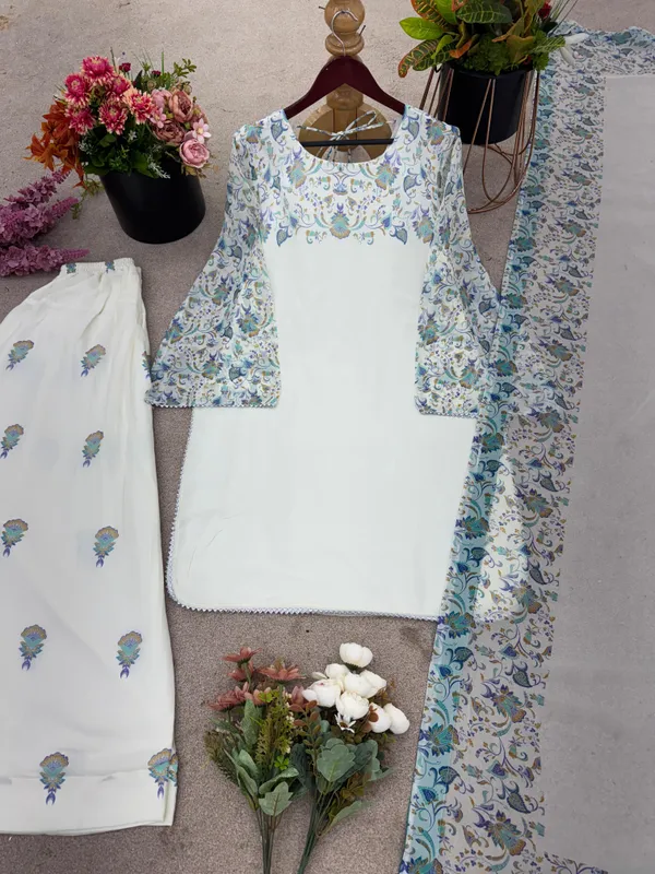 White_And_Blue_Premium_Georgette_Kurti_With_Pant_And_Dupatta_Set_For_Women