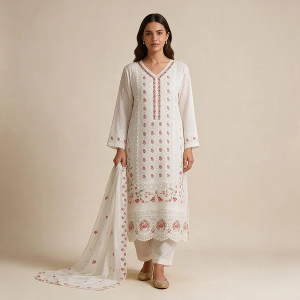 White_Premium_Cotton_Kurti_With_Pant_And_Dupatta_Set_For_Women