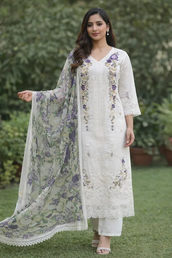 White_Cotton_Embroidered_Kurti_Pant_Dupatta_Set