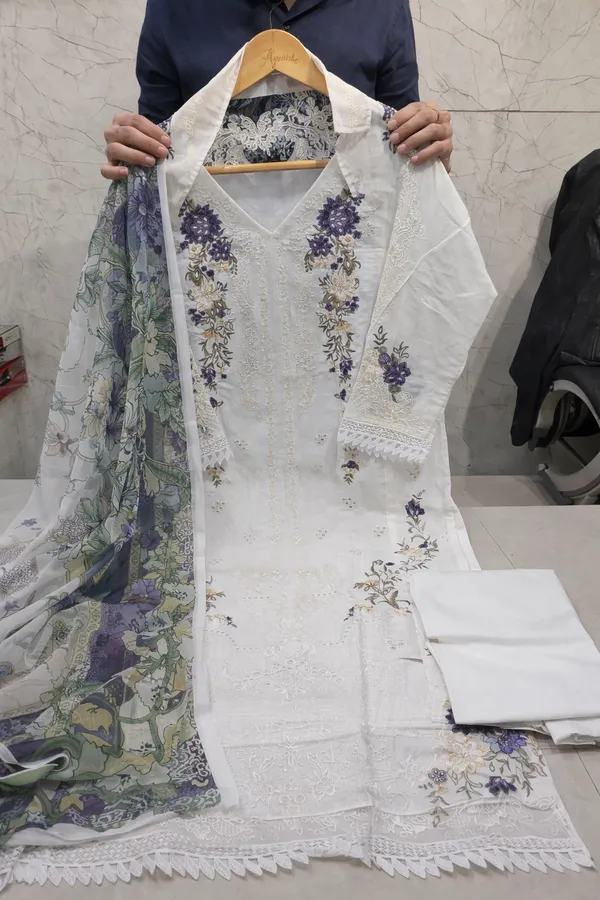 White_Premium_Cotton_Kurti_With_Pant_And_Dupatta_Set_For_Women