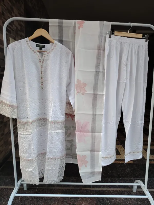 White_Premium_Cotton_Kurti_With_Pant_And_Dupatta_Set_For_Women
