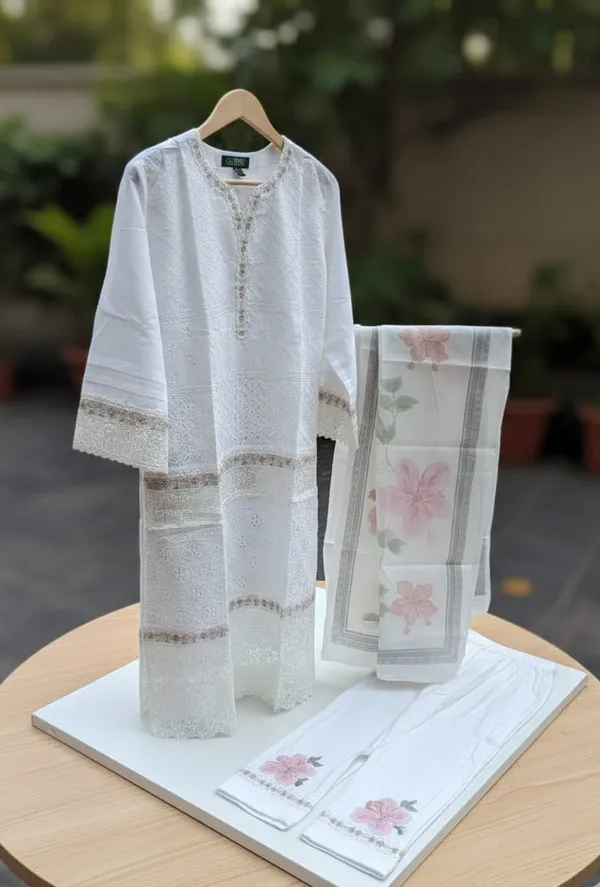 White_Premium_Cotton_Kurti_With_Pant_And_Dupatta_Set_For_Women