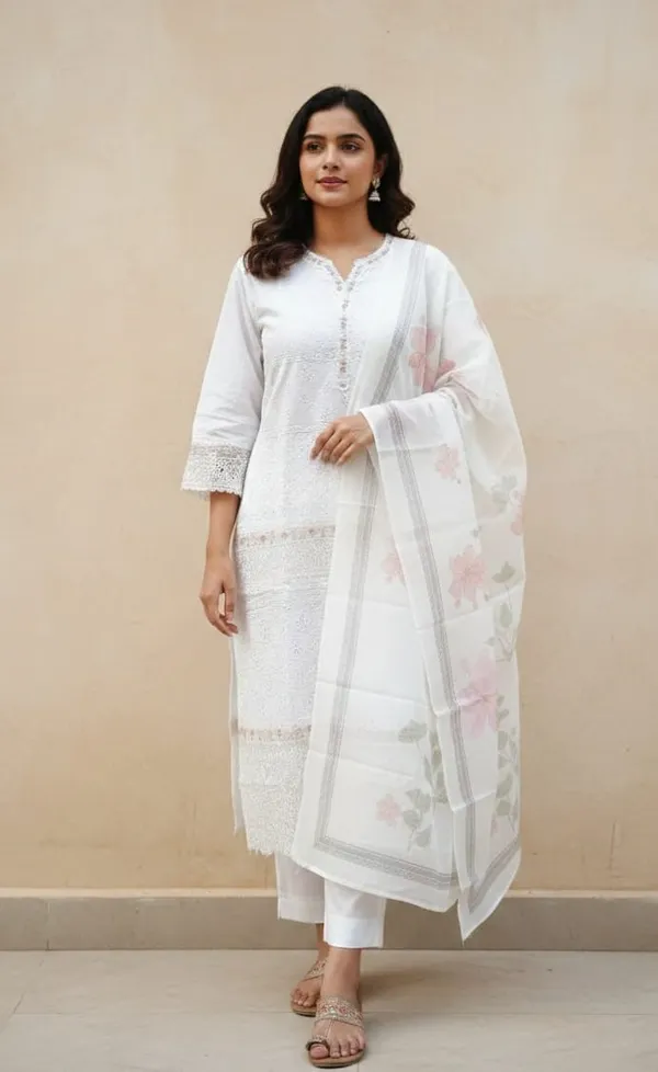 White_Premium_Cotton_Kurti_With_Pant_And_Dupatta_Set_For_Women