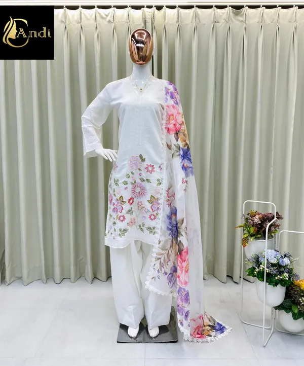 White_Premium_Cotton_Kurti_With_Pant_And_Dupatta_Set_For_Women