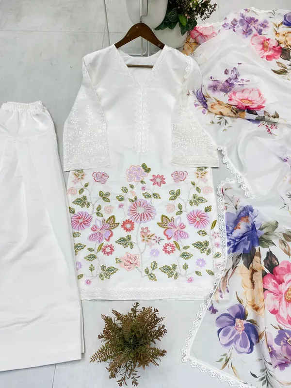 White_Premium_Cotton_Kurti_With_Pant_And_Dupatta_Set_For_Women