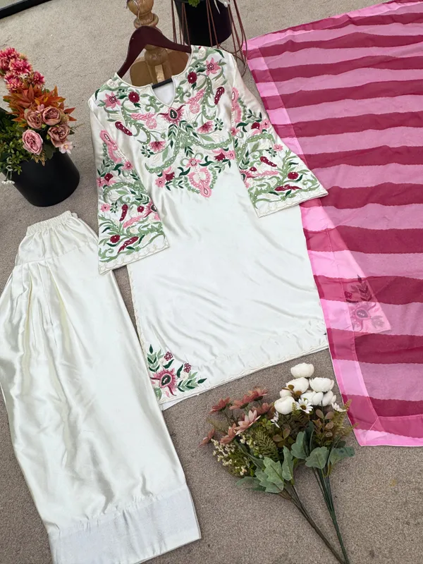 White_Premium_Cotton_Kurti_With_Pant_And_Dupatta_Set_For_Women