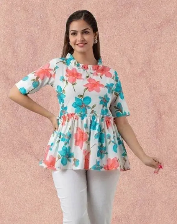 White_Floral_Print_Cotton_Top_For_Women