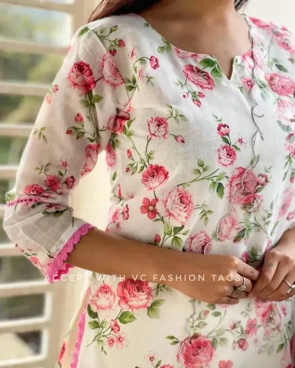 White_Floral_Print_Organza_Kurta_Dupatta_Set