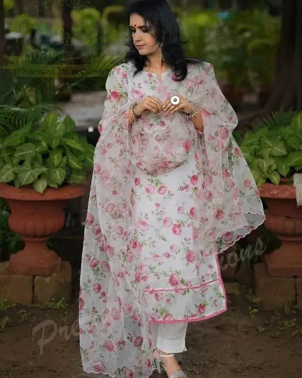 White_Premium_Cotton_Kurti_With_Pant_And_Dupatta_Set_For_Women