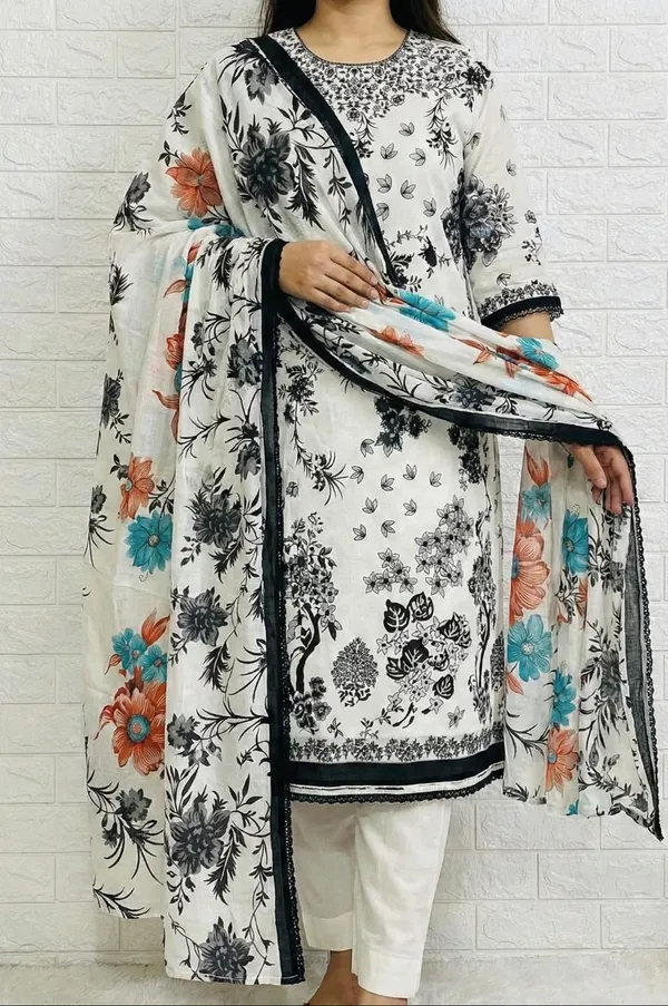 White_Premium_Cotton_Kurti_With_Pant_And_Dupatta_Set_For_Women