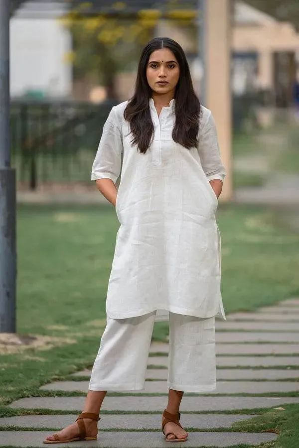 White_khadi_cotton_kurti_pant_cord_set_for_working_women