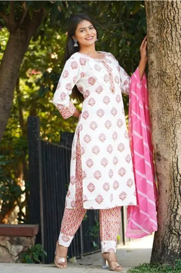 White_And_Pink_Premium_Cotton_Kurti_With_Pant_And_Dupatta_Set_For_Women