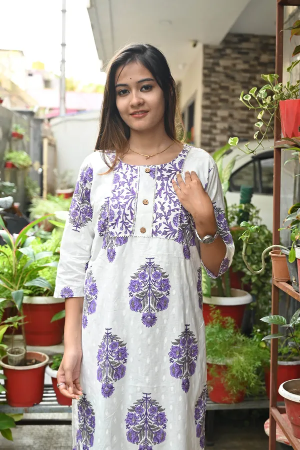 White_And_Purple_Premium_Cotton_Kurti_Pant_For_Women