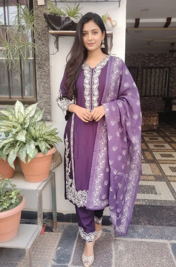 Wine_color_Embroidered_Kurti_Pant_Set_with_Dupatta