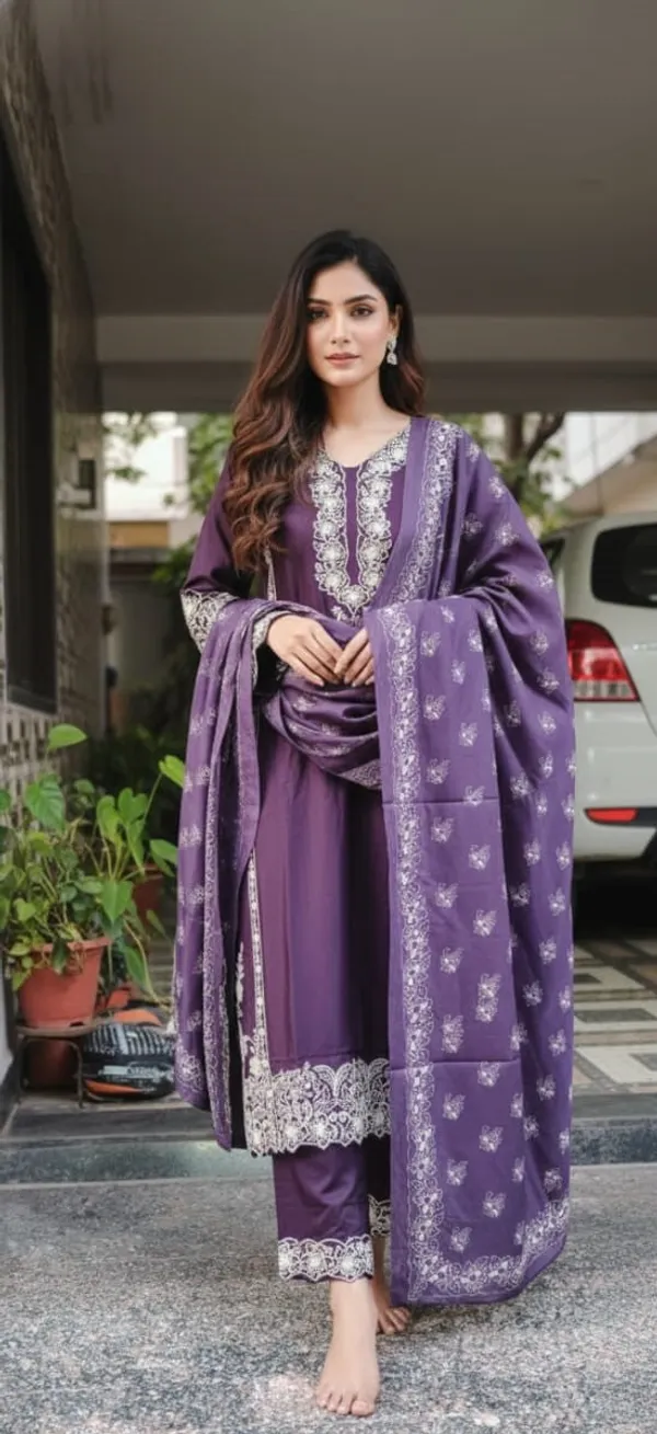 Wine_Premium_Rayon_Kurti_With_Pant_And_Dupatta_Set_For_Women