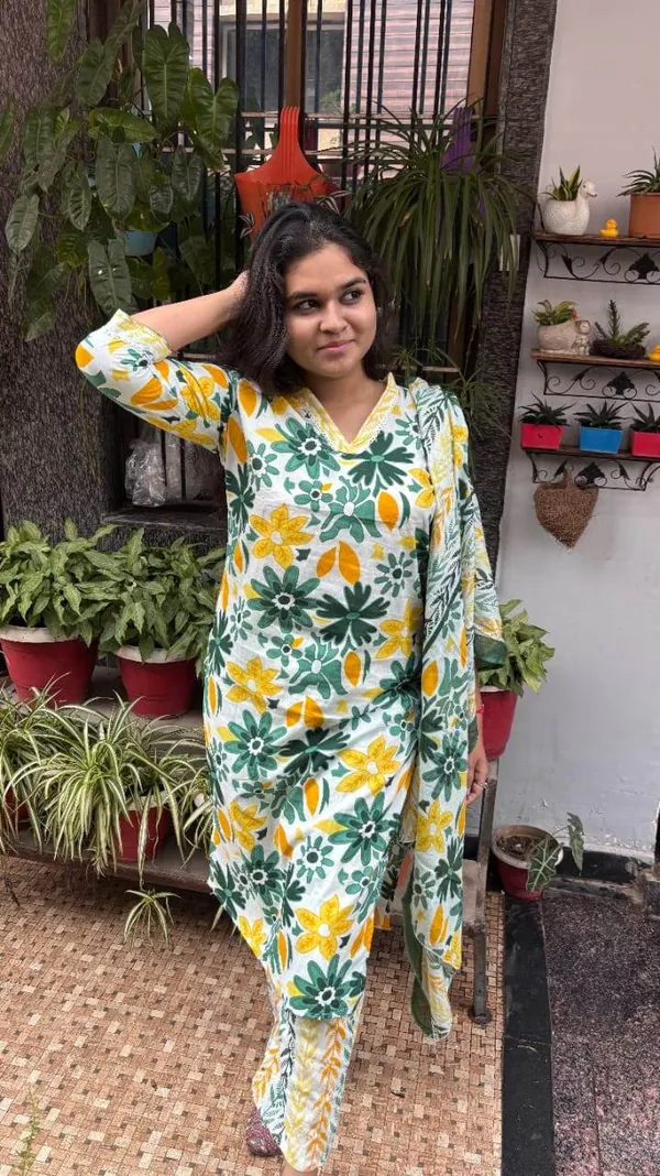 Yellow_Premium_Cotton_Kurti_With_Pant_And_Dupatta_Set_For_Women