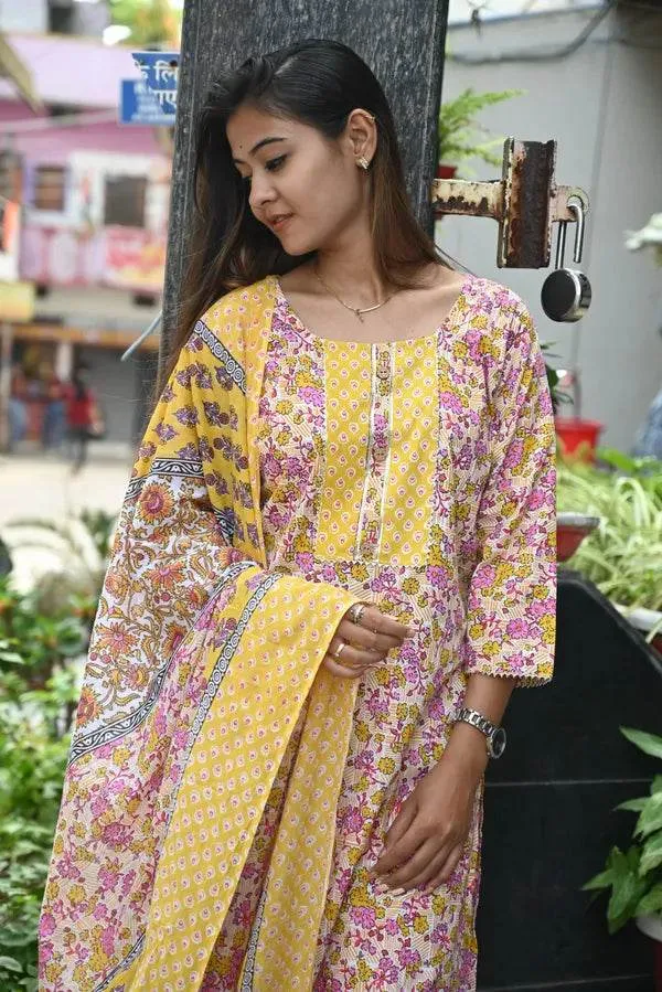 Yellow_pink_kurti_pant_dupatta_set
