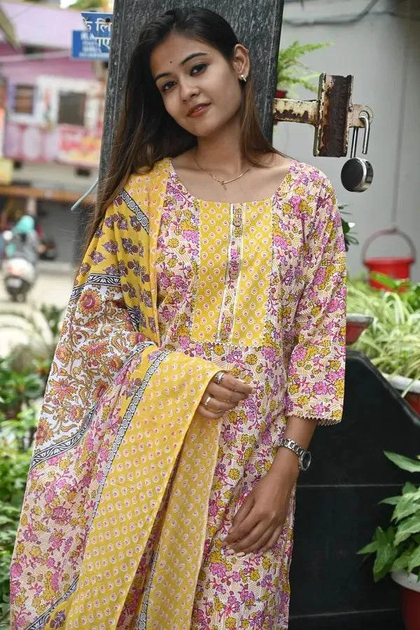 Yellow_And_Pink_Premium_Cotton_Kurti_With_Pant_And_Dupatta_Set_For_Women