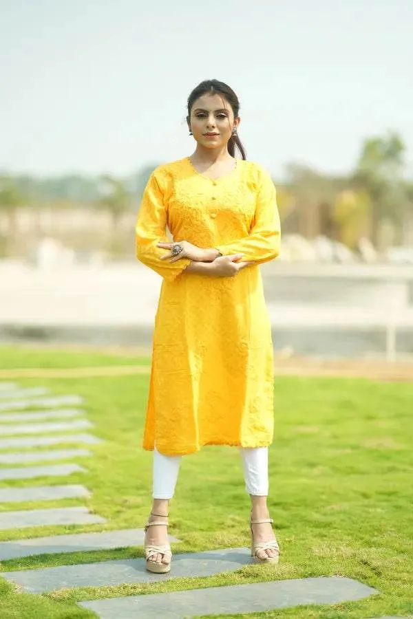 Yellow_Pure_Cotton_Chikankari_Embroidered_Kurta_For_Women