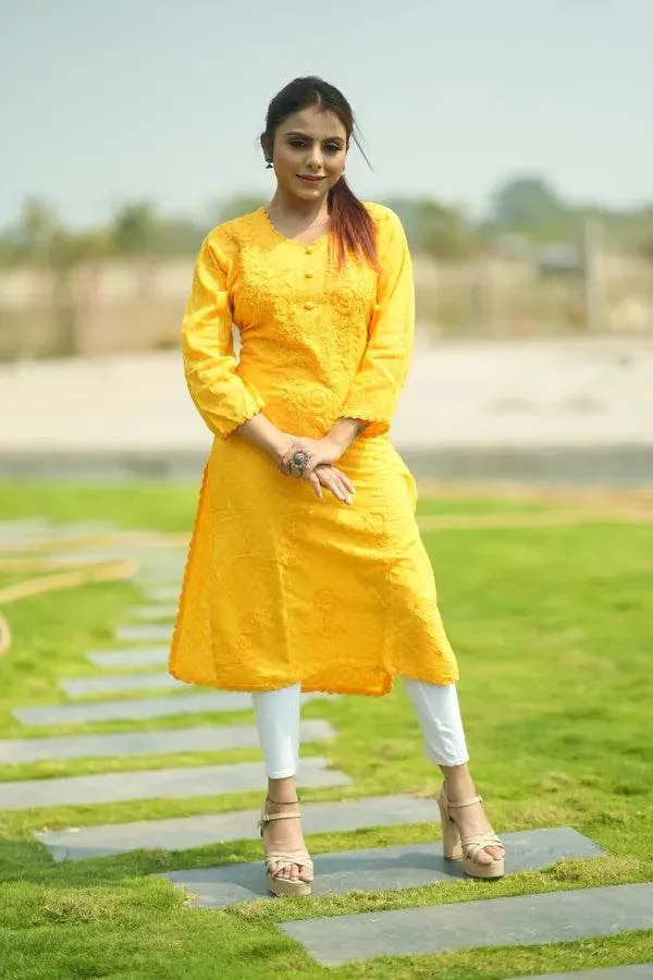 Yellow_Premium_Cotton_Chikankari_Kurti_For_Women