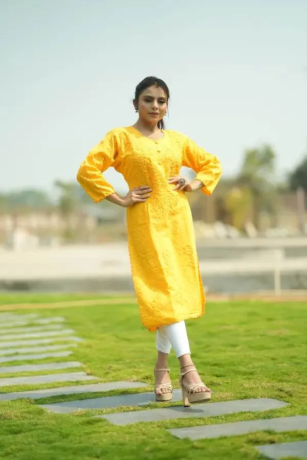 Yellow_Premium_Cotton_Chikankari_Kurti_For_Women