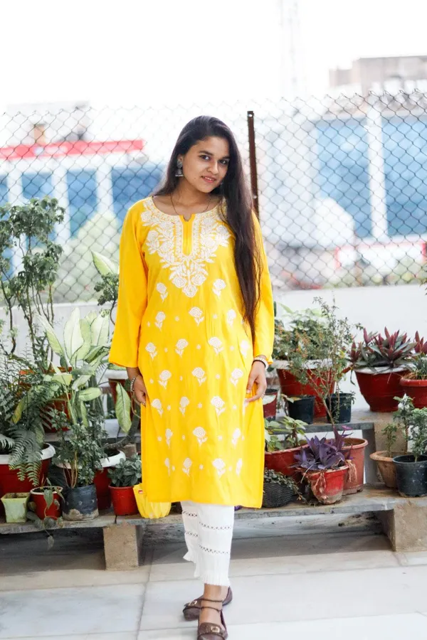 Yellow_Premium_Rayon_Chikankari_Kurti_For_Women