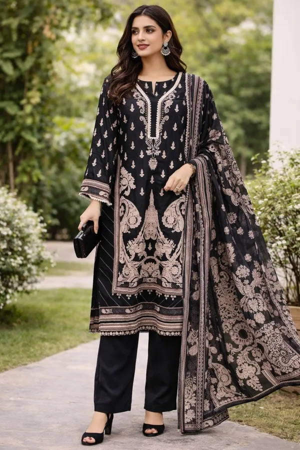 Black_Premium_Cotton_Kurti_With_Pant_And_Dupatta_Set_For_Women