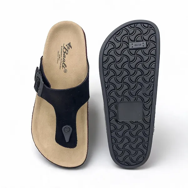 Black_And_Beige_Suede_Leather_Buckle_Toe_Post_Sandals_For_Men