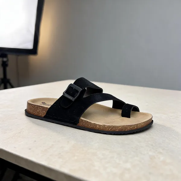 Black_Suede_Leather_Multi_Strap_Cork_Footbed_Flat_Sandals_For_Men