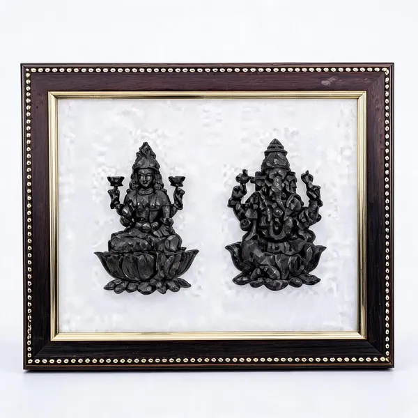 Pyrite_Lakshmi_Ganesh_Idol_Selenite_Background_Wooden_Frame