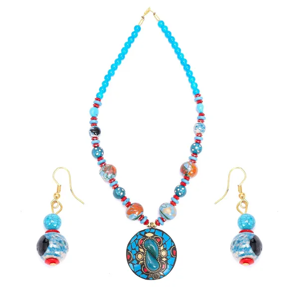 Tibetan_Pendant_Necklace_Jewellery_Set_For_Women_Girls_Traditional_Afghani_Necklace_With_Tribal_Boho_Style_Earrings_In_Multicolor_Beads_Hook_Lock_Wedding_Retro_Vintage_Fashion_Wear