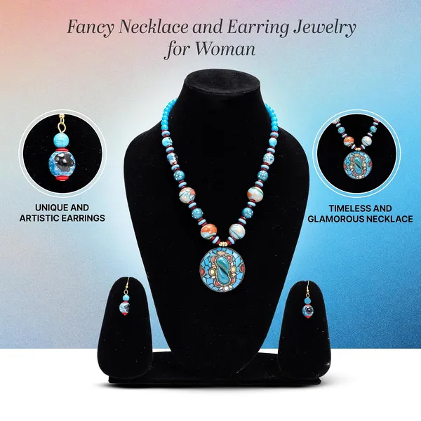 Tibetan_Pendant_Necklace_Jewellery_Set_For_Women_Girls_Traditional_Afghani_Necklace_With_Tribal_Boho_Style_Earrings_In_Multicolor_Beads_Hook_Lock_Wedding_Retro_Vintage_Fashion_Wear