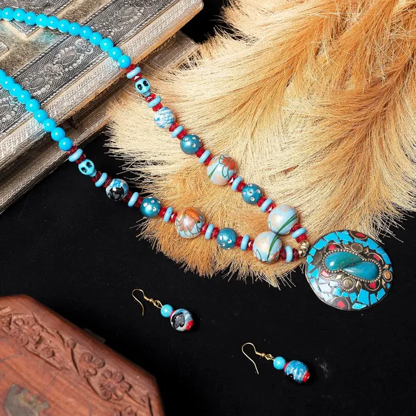 Tibetan_Pendant_Necklace_Jewellery_Set_For_Women_Girls_Traditional_Afghani_Necklace_With_Tribal_Boho_Style_Earrings_In_Multicolor_Beads_Hook_Lock_Wedding_Retro_Vintage_Fashion_Wear