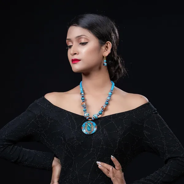 Tibetan_Pendant_Necklace_Jewellery_Set_For_Women_Girls_Traditional_Afghani_Necklace_With_Tribal_Boho_Style_Earrings_In_Multicolor_Beads_Hook_Lock_Wedding_Retro_Vintage_Fashion_Wear