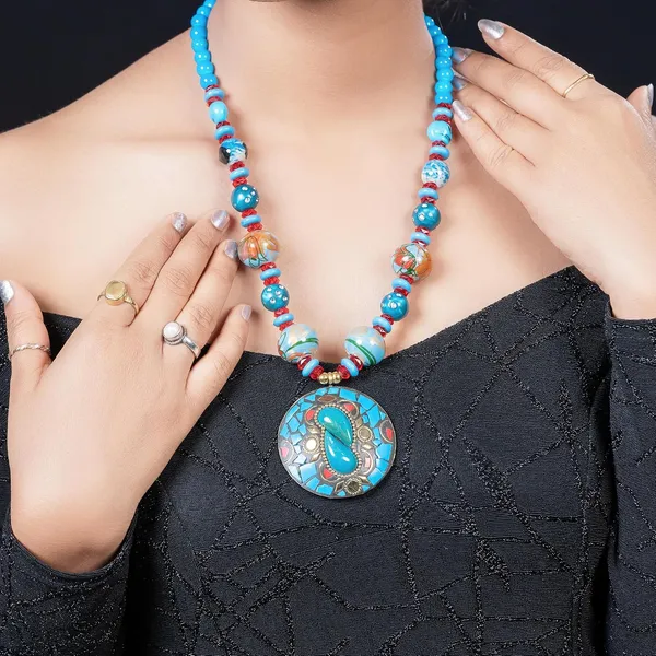 Tibetan_Pendant_Necklace_Jewellery_Set_For_Women_Girls_Traditional_Afghani_Necklace_With_Tribal_Boho_Style_Earrings_In_Multicolor_Beads_Hook_Lock_Wedding_Retro_Vintage_Fashion_Wear