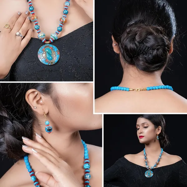 Tibetan_Pendant_Necklace_Jewellery_Set_For_Women_Girls_Traditional_Afghani_Necklace_With_Tribal_Boho_Style_Earrings_In_Multicolor_Beads_Hook_Lock_Wedding_Retro_Vintage_Fashion_Wear