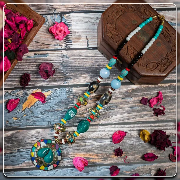 Tibetan_Pendant_Necklace_Jewellery_For_Women_Girls_Traditional_Afghani_Handcrafted_With_Tribal_Style_Multicolor_Beads_Lightweight_Boho_Statement_Ethnic_Wedding_Gift