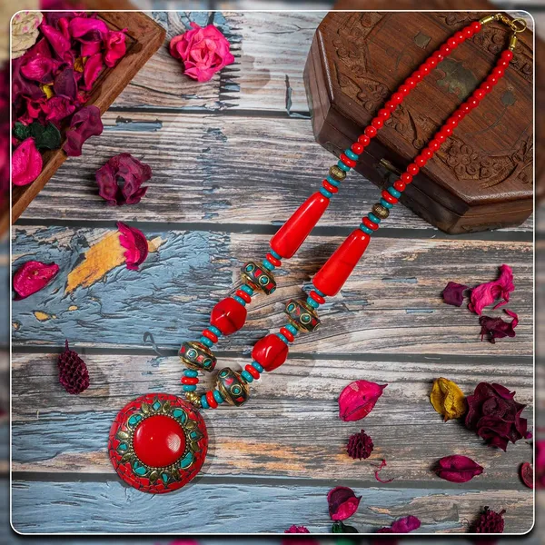 Tibetan_Pendant_Necklace_Jewellery_For_Women_Girls_Traditional_Afghani_Handcrafted_With_Tribal_Style_Multicolor_Beads_Lightweight_Boho_Statement_Ethnic_Wedding_Gift