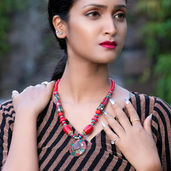 Tibetan_Pendant_Necklace_Jewellery_For_Women_Girls_Traditional_Afghani_Handcrafted_With_Tribal_Style_Multicolor_Beads_Lightweight_Boho_Statement_Ethnic_Wedding_Gift