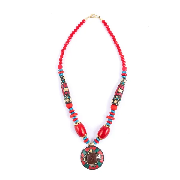 Tibetan_Pendant_Necklace_Jewellery_For_Women_Girls_Traditional_Afghani_Handcrafted_With_Tribal_Style_Multicolor_Beads_Lightweight_Boho_Statement_Ethnic_Wedding_Gift