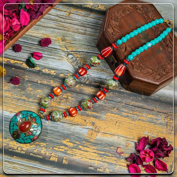 Tibetan_Pendant_Necklace_Jewellery_For_Women_Girls_Traditional_Afghani_Handcrafted_With_Tribal_Style_Multicolor_Beads_Lightweight_Boho_Statement_Ethnic_Wedding_Gift