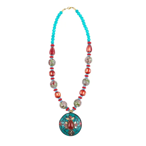 Tibetan_Pendant_Necklace_Jewellery_For_Women_Girls_Traditional_Afghani_Handcrafted_With_Tribal_Style_Multicolor_Beads_Lightweight_Boho_Statement_Ethnic_Wedding_Gift