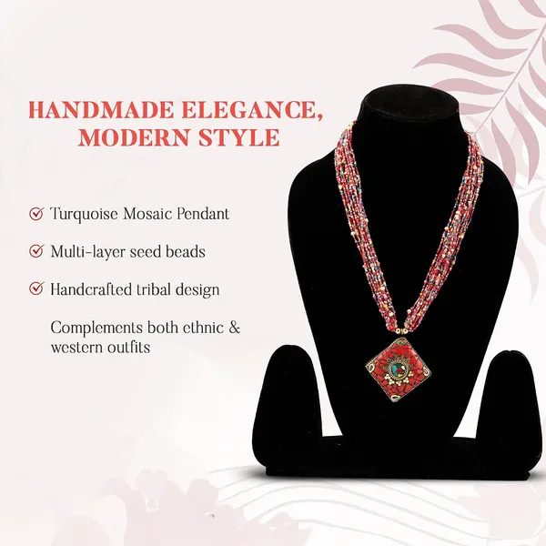Multi_Strand_Beaded_Necklace_With_Pendant_For_Women_Girls_Long_Layered_Seed_Bead_Neckpiece_Ethnic_Statement_Jewelry_Lightweight_Design_With_Button_Clasp_For_Wardrobe_Styling_Gifting