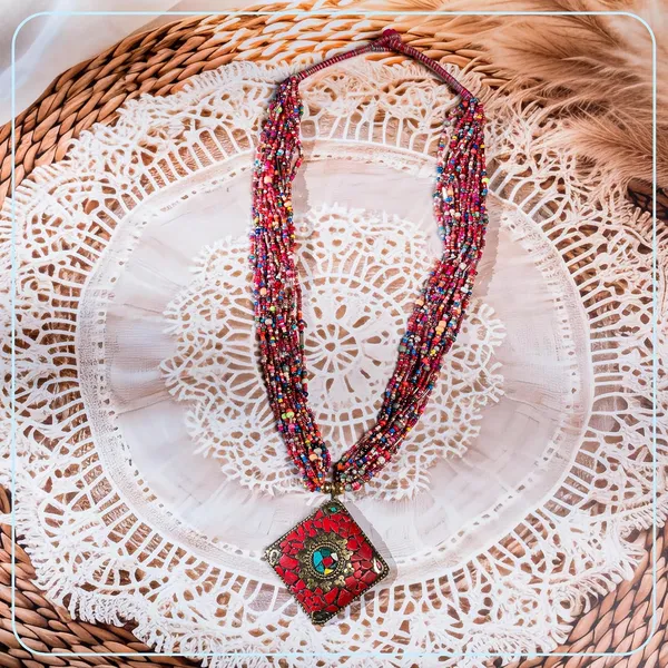 Multi_Strand_Beaded_Necklace_With_Pendant_For_Women_Girls_Long_Layered_Seed_Bead_Neckpiece_Ethnic_Statement_Jewelry_Lightweight_Design_With_Button_Clasp_For_Wardrobe_Styling_Gifting